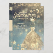 金ゴールドシークンズドレスムーンスターズQuinceanera 招待状 (正面/裏面)