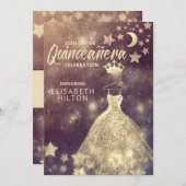 金ゴールドシークンズドレスムーンスターズQuinceanera 招待状 (正面/裏面)