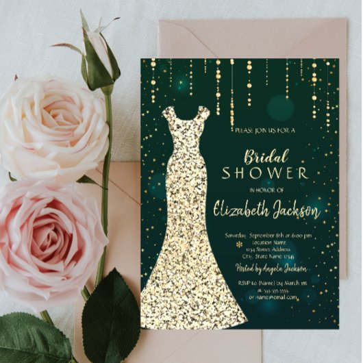 金ゴールドシークンズドレス、グリーンブライダルシャワー 招待状