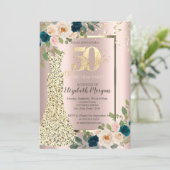 金ゴールドシークンズドレス、ブルーバラ金ゴールド50th誕生日 招待状 (スタンド正面)