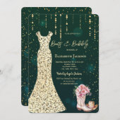 金ゴールドシークンズドレス、ブーツフラワーグリーン 招待状 (正面/裏面)