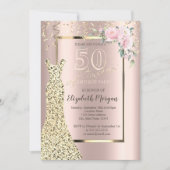 金ゴールドシークンズドレス、花バラ金ゴールド50th誕生日 招待状 (正面)