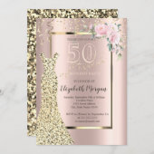 金ゴールドシークンズドレス、花バラ金ゴールド50th誕生日 招待状 (正面/裏面)