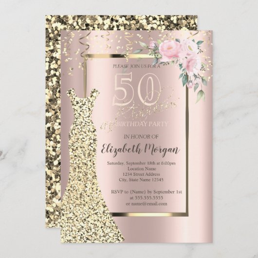 金ゴールドシークンズドレス、花バラ金ゴールド50th誕生日 招待状 (正面/裏面)