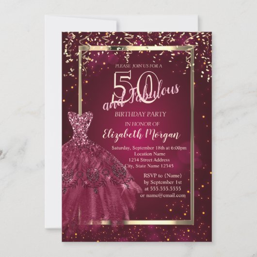 金ゴールドシークンズブルゴーニュグリッタードレス50誕生日 招待状 (正面)