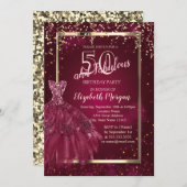 金ゴールドシークンズブルゴーニュグリッタードレス50誕生日 招待状 (正面/裏面)