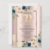 金ゴールドシークンブルーバラシャンパン50誕生日 招待状 (正面)