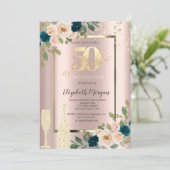 金ゴールドシークンブルーバラシャンパン50誕生日 招待状 (スタンド正面)