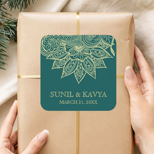 金ゴールドシーグリーンメフェンディヘナインディアン結婚式の引き出物 スクエアシール