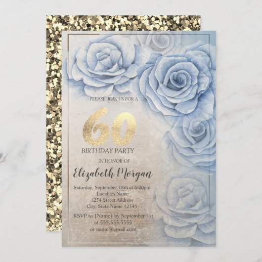 金ゴールドシーケンズブルーバラ60誕生日 招待状 (正面/裏面)