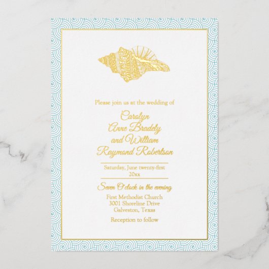 金ゴールドシーシェルとアクアフレ結婚ーム 箔招待状 (正面)