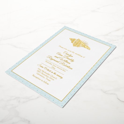 金ゴールドシーシェルとアクアフレ結婚ーム 箔招待状 (回転した状態)