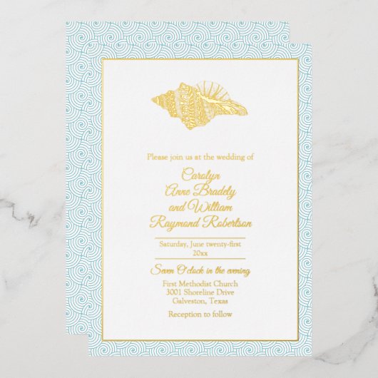 金ゴールドシーシェルとアクアフレ結婚ーム 箔招待状 (正面/裏面)