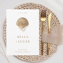 金ゴールドシーシェル&パールQRコード沿岸結婚の セーブザデート