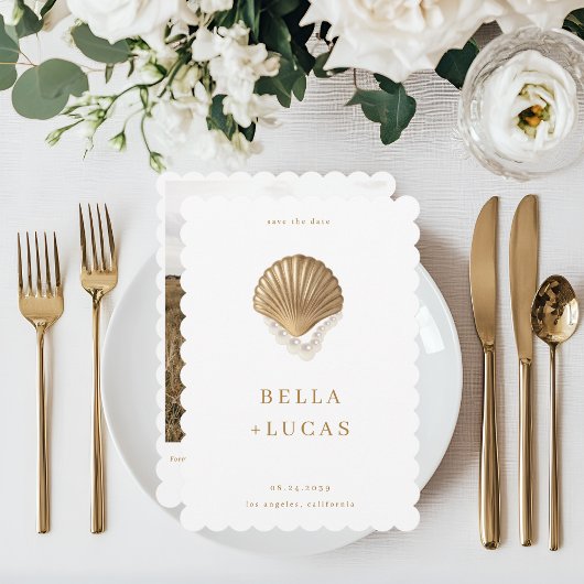 金ゴールドシーシェル&パールQRコード沿岸結婚の セーブザデート