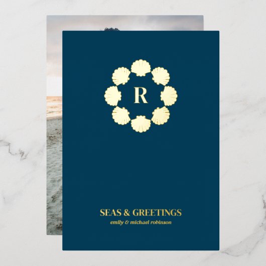 金ゴールドシーセルリース海と挨拶の写真 箔シーズンカード (正面/裏面)
