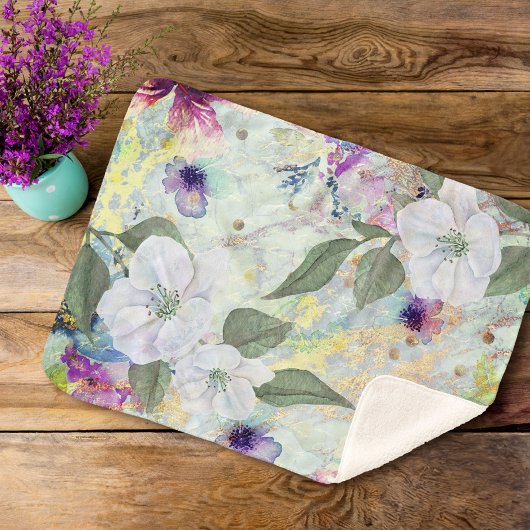 金ゴールドシーホムグリーンヴィンテージフローラ水彩色シック シェルパブランケット