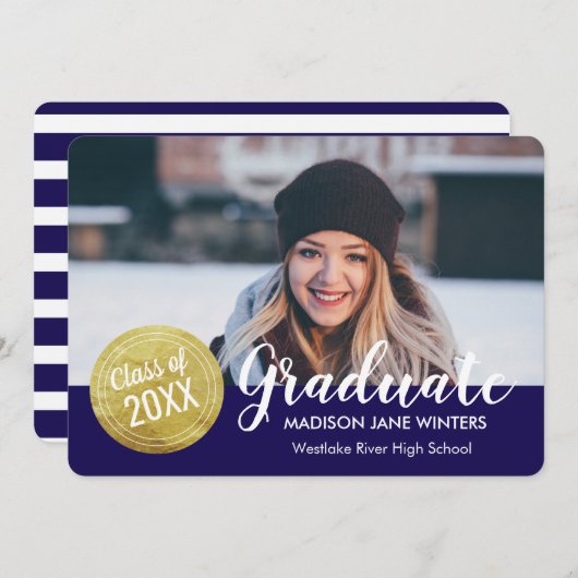 金ゴールドシールの卒業発表 – カスタムカラー 案内状 (正面/裏面)