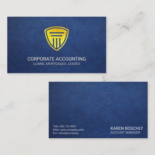 金ゴールドシールドピラーブルーレザーテクスチャ 名刺 (正面/裏面)