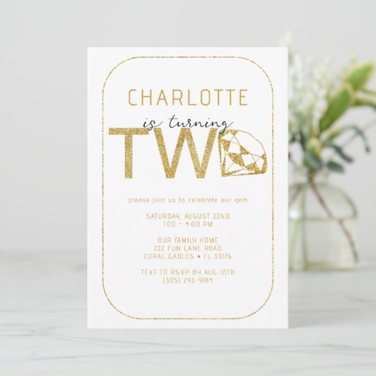 金ゴールドジェムスパークル2nd誕生日パーティの招待状 招待状 (スタンド正面)