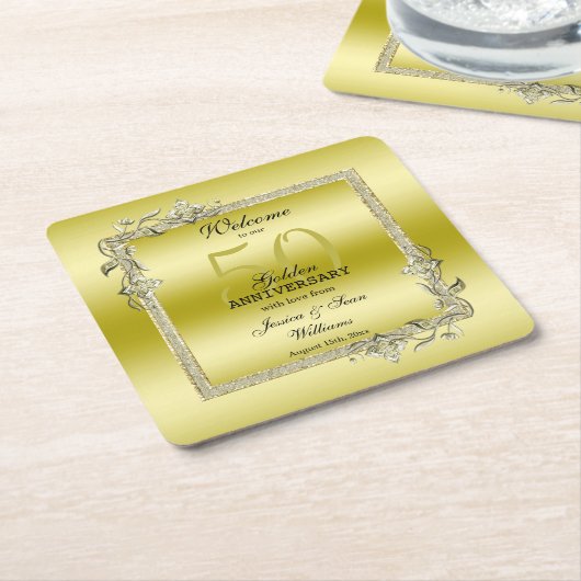 金ゴールドジェム&グリッター50thゴールデン結婚ズ記念日 スクエアペーパーコースター (アングル)