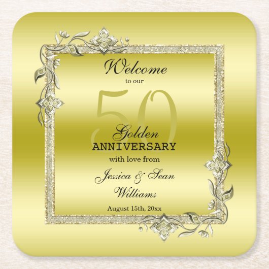 金ゴールドジェム&グリッター50thゴールデン結婚ズ記念日 スクエアペーパーコースター (正面)