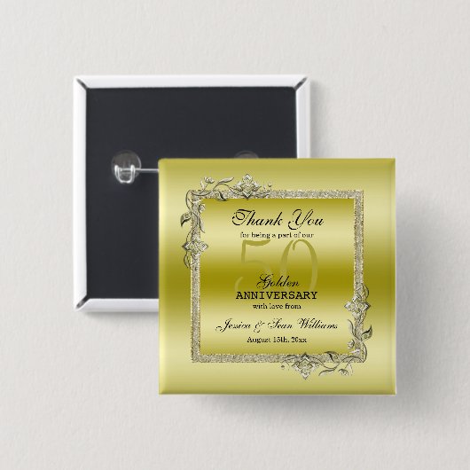 金ゴールドジェム&グリッター50thゴールデン結婚ズ記念日 缶バッジ (正面&裏面)