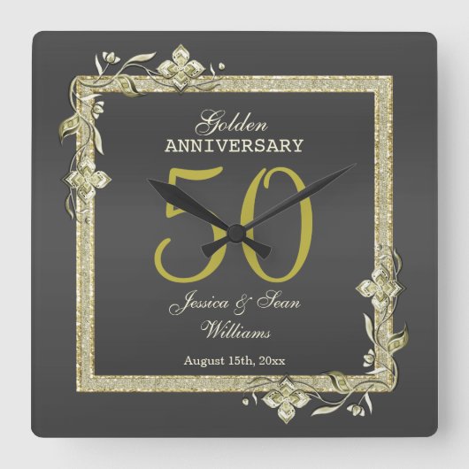 金ゴールドジェム&グリッター50thゴールデン結婚ズ スクエア壁時計 (正面)