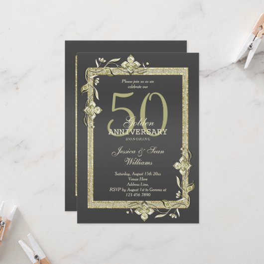 金ゴールドジェム&グリッター50thゴールデン結婚ズ 招待状 (正面/裏面インサイチュ)