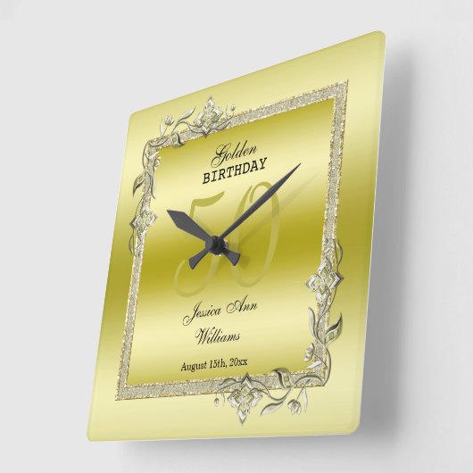 金ゴールドジェム&グリッター50thゴールデン誕生日 スクエア壁時計 (傾斜)