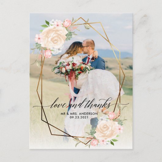 金ゴールドジオフレームピーチ結婚フォトありがとう ポストカード (正面)