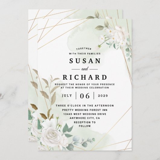 金ゴールドジオメトエレガントリフローラグリーン結婚リ 招待状 (正面/裏面)