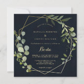 金ゴールドジオメトリックグリーンスペインのブ結婚ルー 招待状 (正面)