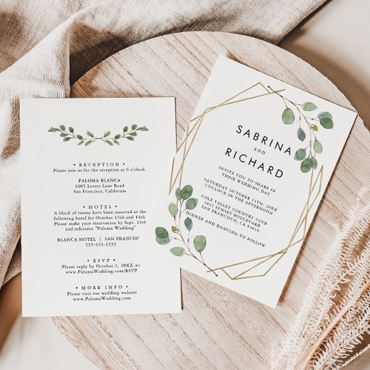 金ゴールドジオメトリックグリーンバックフォーマルとフロント結婚ズ 招待状