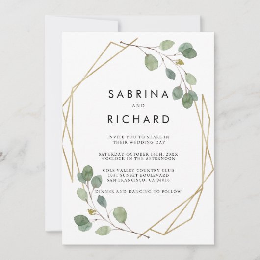 金ゴールドジオメトリックグリーンバックフォーマルとフロント結婚ズ 招待状 (正面)
