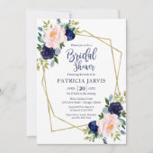 金ゴールドジオメトリックネイビーブルーフローラブライダルシャワー 招待状 (正面)