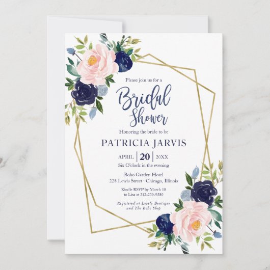 金ゴールドジオメトリックネイビーブルーフローラブライダルシャワー 招待状 (正面)