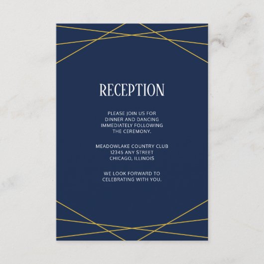 金ゴールドジオメトリックネイビーブルー | モノグラム結婚ス エンクロージャーカード (正面)