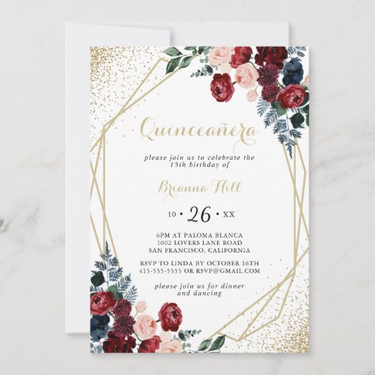 金ゴールドジオメトリックブルガンディネイビーフローラキンセアニラ 招待状 (正面)