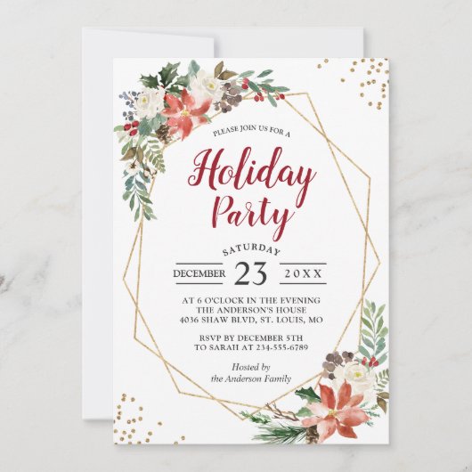 金ゴールドジオメトリックポインセチアフローラホリデーパーティー 招待状 (正面)