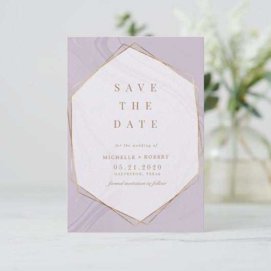 金ゴールドジオメトリック大理石の写真の日付を保存 招待状 (スタンド正面)