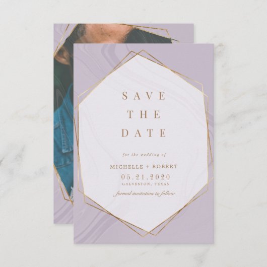 金ゴールドジオメトリック大理石の写真の日付を保存 招待状 (正面/裏面)