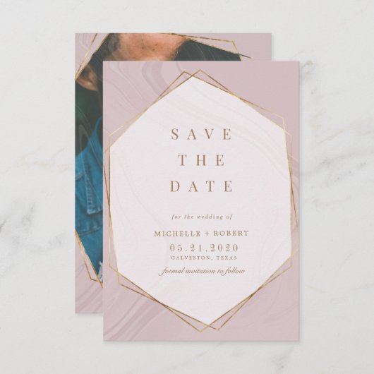 金ゴールドジオメトリック大理石の写真Invitati日付を保存 招待状 (正面/裏面)