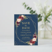 金ゴールドジオメトリック海軍ブルゴーニュフローラ日付の保存 ポストカード (スタンド正面)