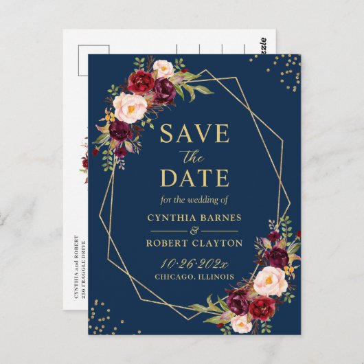 金ゴールドジオメトリック海軍ブルゴーニュフローラ日付の保存 ポストカード (正面/裏面)