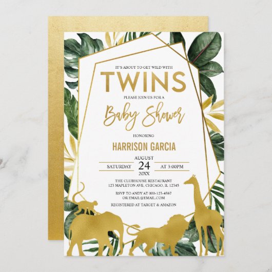 金ゴールドジャングルのサファリ動物が双子のベビーシャワー 招待状 (正面/裏面)