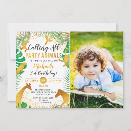 金ゴールドジャングルアニマルズサファリボーイズフォト誕生日 招待状 (正面)