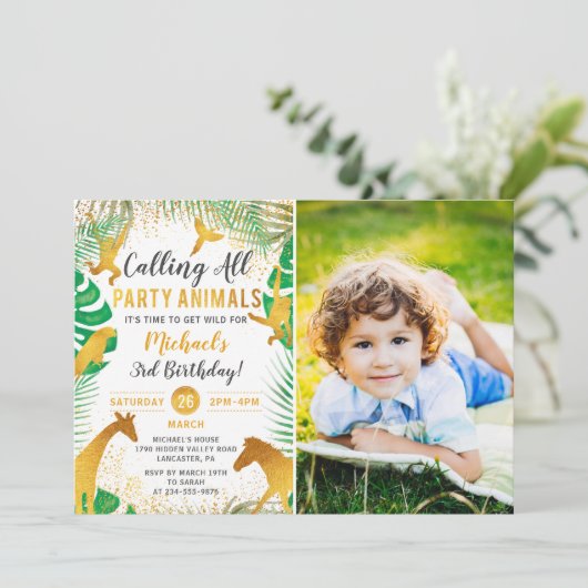 金ゴールドジャングルアニマルズサファリボーイズフォト誕生日 招待状 (スタンド正面)