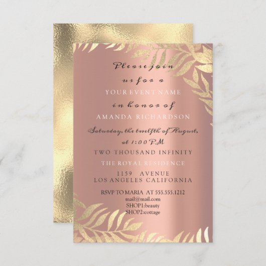 金ゴールドジャングルバラピンク金ゴールドエレガントブライダル誕生日 招待状 (正面/裏面)