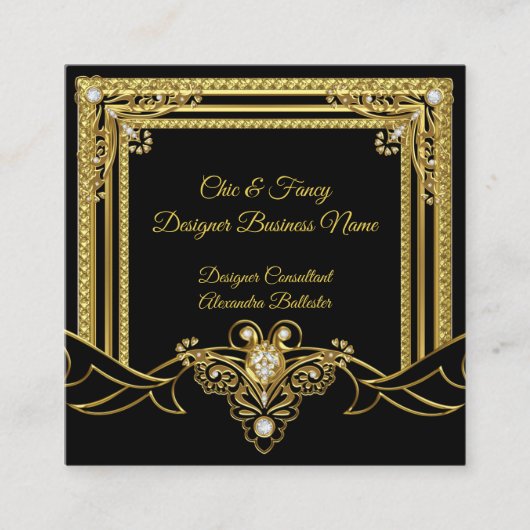 金ゴールドジュエルブラックエレガントデザイナー スクエア名刺 (正面)